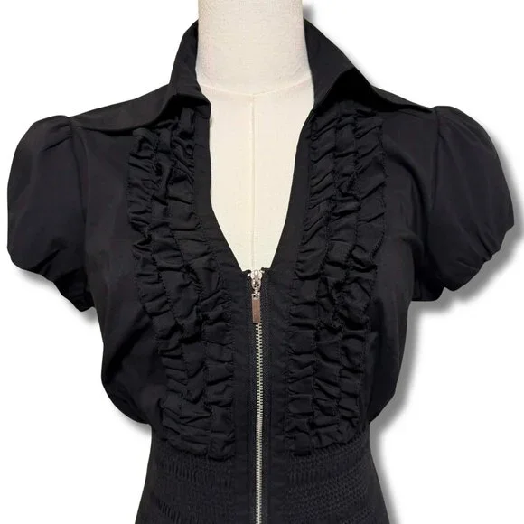INC Black Zip Front Ruffled Top | Puff Sleeve Smocked Waist | Size 10 - Picture 2 of 6